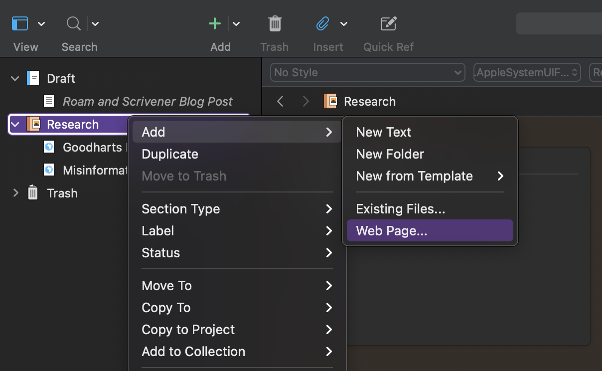 A screenshot showing how you add a web view to Scrivener