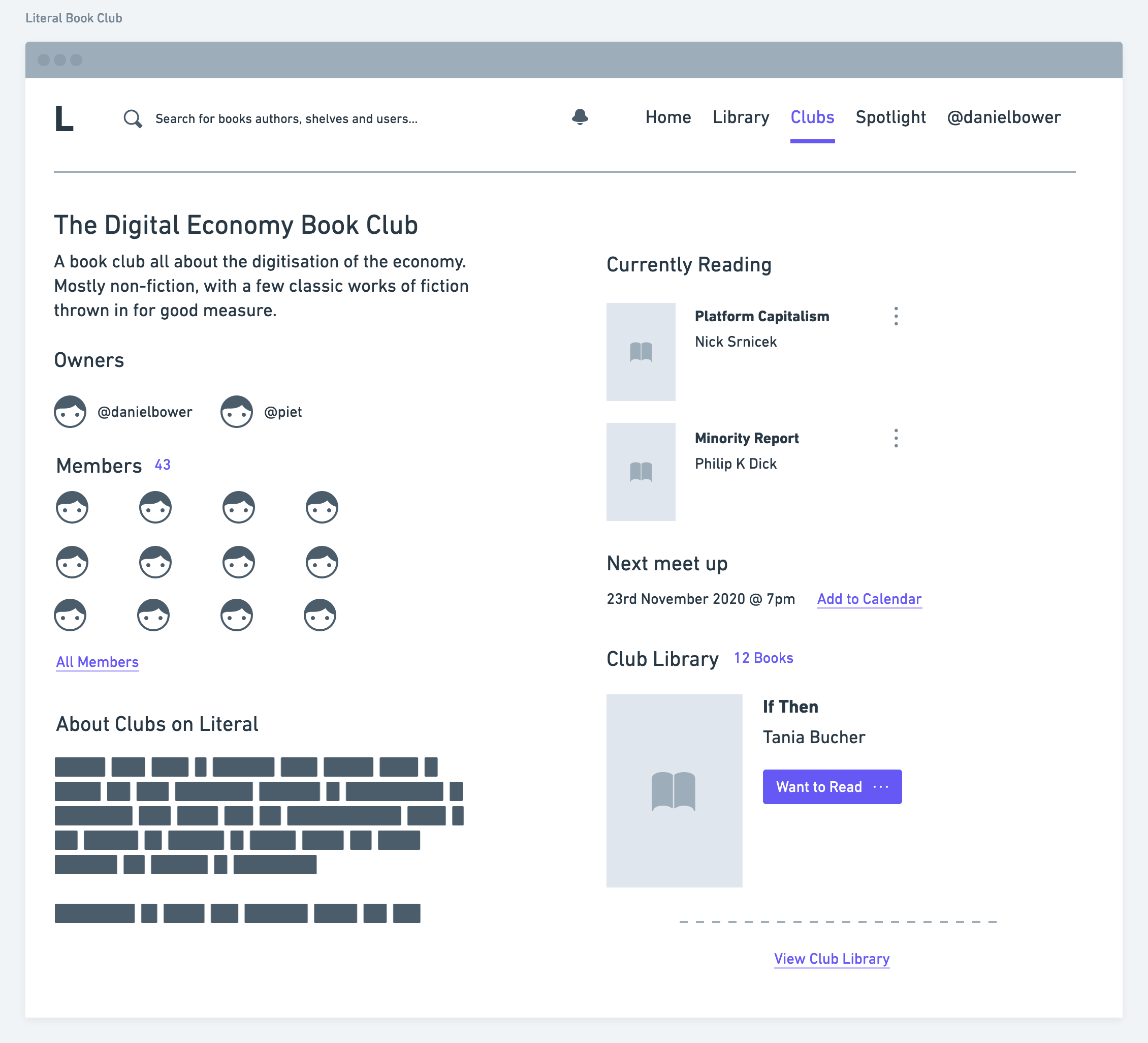 A rough wireframe of a Literal Club with shared library