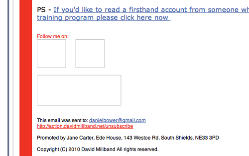 The footer of David Miliband's email newsletter