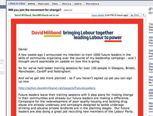 The header of David Miliband's email newsletter