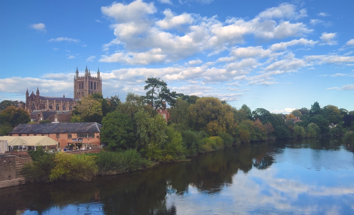 A view of Hereford Cathedral from a bridge over the River Wye
